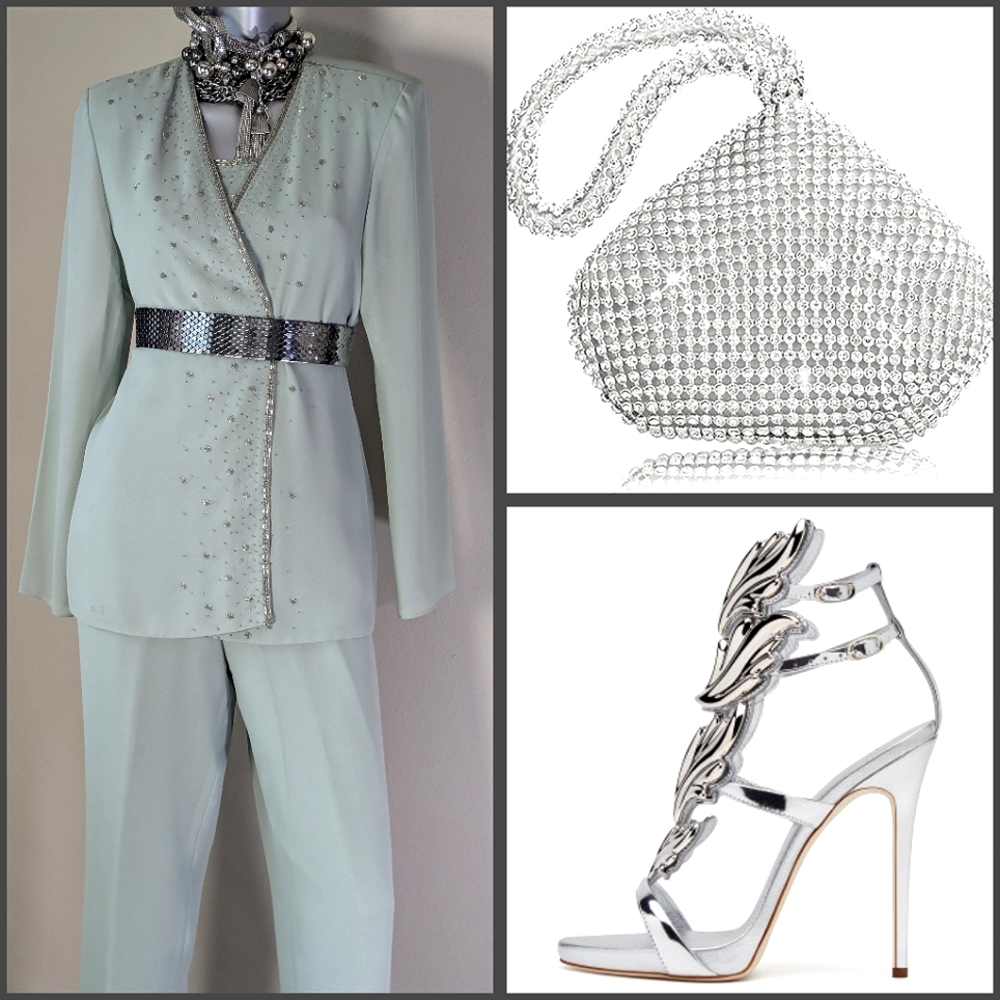 R & M Richards Cocktail Wedding Mother of the Bride Beaded Sequin 3-PC Pantsuit - Picture 3 of 13